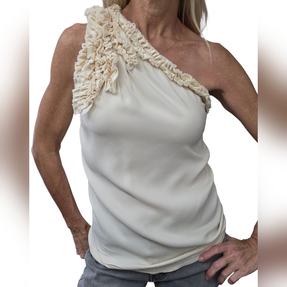 Robert Rodriguez Silk One Shoulder Ruffle Top Ivory Cream Size 4